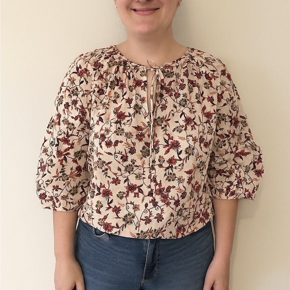 7 For All Mankind Floral Print Blouse Tie Neck Balloon Sleeve Top XS NWT
